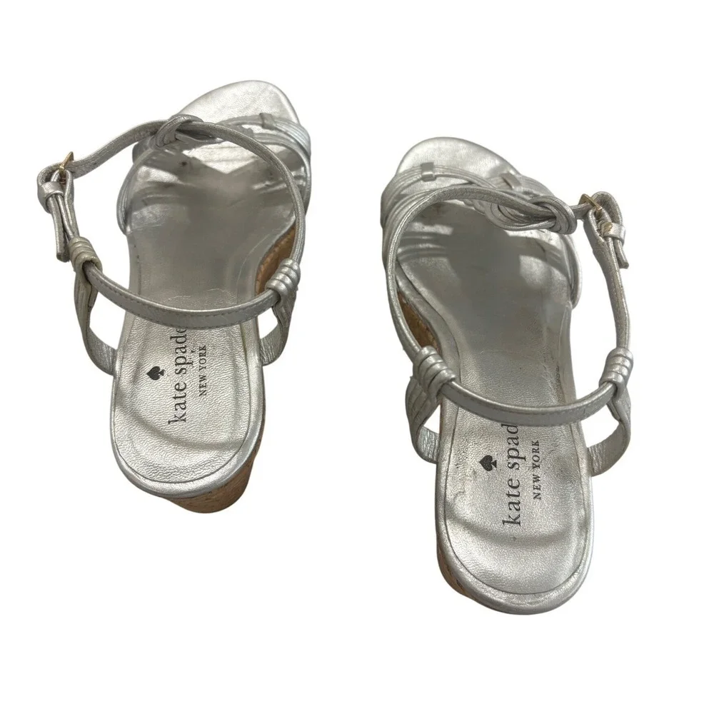 Kate Spade New York Silver Metallic‎ Braided Cork Wedge Sandals Size 6M Brazil